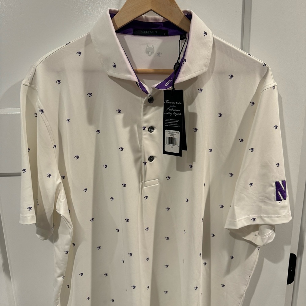 NWT Greyson Northwestern Golf Polo Shirt Small Wildcats White Purple All Over